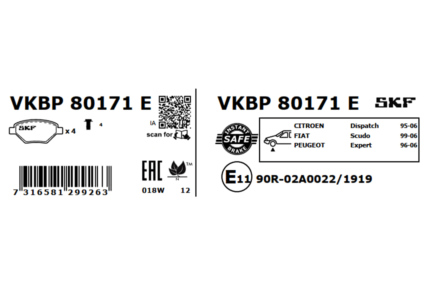 Комплект тормозных колодок, дисковый тормоз - VKBP 80171 E SKF